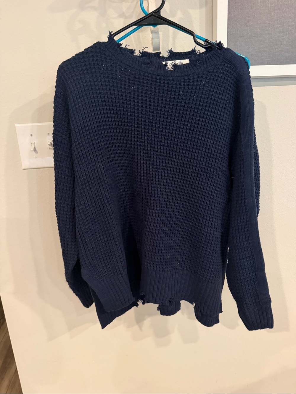 Zenana Outfitters Navy Distressed Waffle Knit Crewneck Sweater